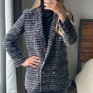 The kooples navy black silver grey tweed sparkly sequin checks blazer 32
